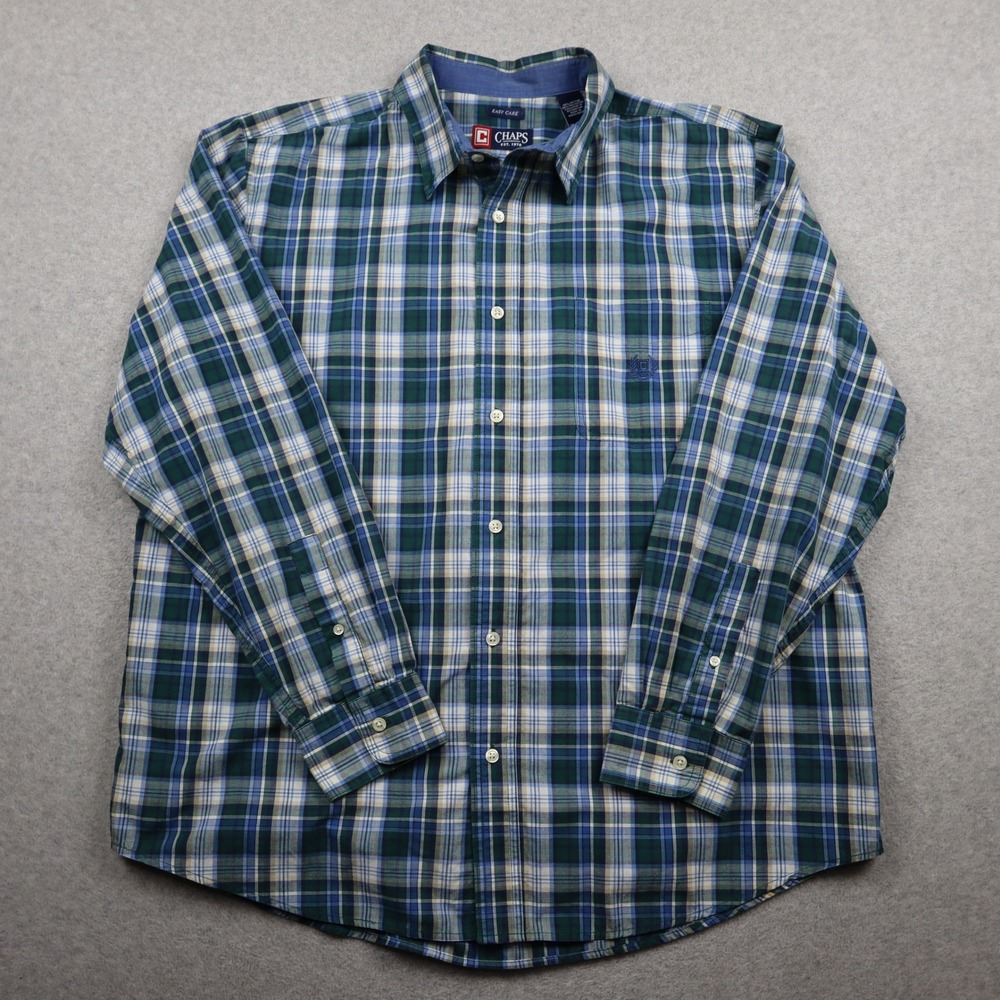 Chaps Shirt Mens XL Easy Care Blue Green White Plaid Button Down Long Sleeve